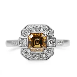 18ct White Gold Champagne Asscher Deco Style Halo Ring