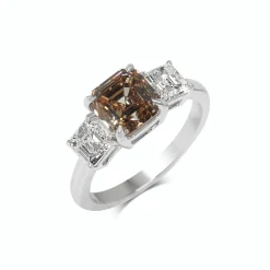 18ct White Gold Champagne Asscher Cut 3 Stone Diamond Ring