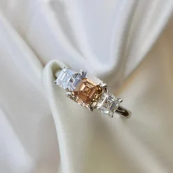 18ct White Gold Champagne Asscher Cut 3 Stone Diamond Ring