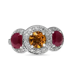 18ct White Gold Citrine, Ruby and Diamond 3 Stone Halo Ring