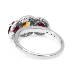 18ct White Gold Citrine, Ruby and Diamond 3 Stone Halo Ring