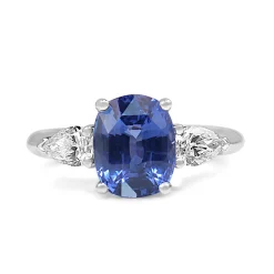 18ct White Gold Cornflower Blue Sapphire and Pear Diamond 3 Stone Ring