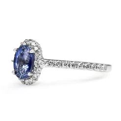 18ct White Gold Cornflower Blue Sapphire and Diamond Halo Ring
