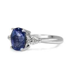 18ct White Gold Cornflower Blue Sapphire and Pear Diamond 3 Stone Ring