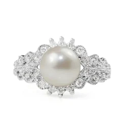 14ct White Gold Cultured Pearl and Diamond Ring