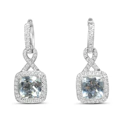 14ct White Gold Cushion Aquamarine and Diamond Halo Twist Drop Earrings