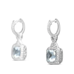 14ct White Gold Cushion Aquamarine and Diamond Halo Twist Drop Earrings