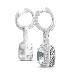 14ct White Gold Cushion Aquamarine and Diamond Halo Twist Drop Earrings