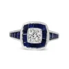 18ct White Gold Cushion Cut Diamond and Channel Set Sapphire Halo Ring