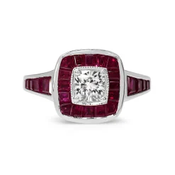 18ct White Gold Cushion Cut Diamond and Channel Set Ruby Halo Ring