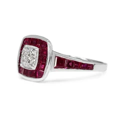18ct White Gold Cushion Cut Diamond and Channel Set Ruby Halo Ring