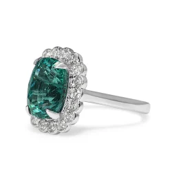18ct White Gold Cushion Cut Emerald and Diamond Daisy Style Ring