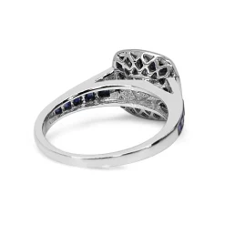 18ct White Gold Cushion Cut Diamond and Channel Set Sapphire Halo Ring
