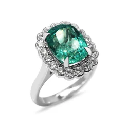 18ct White Gold Cushion Cut Emerald and Diamond Daisy Style Ring