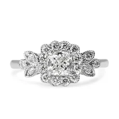 18ct White Gold Cushion Diamond Halo Floral Daisy Ring