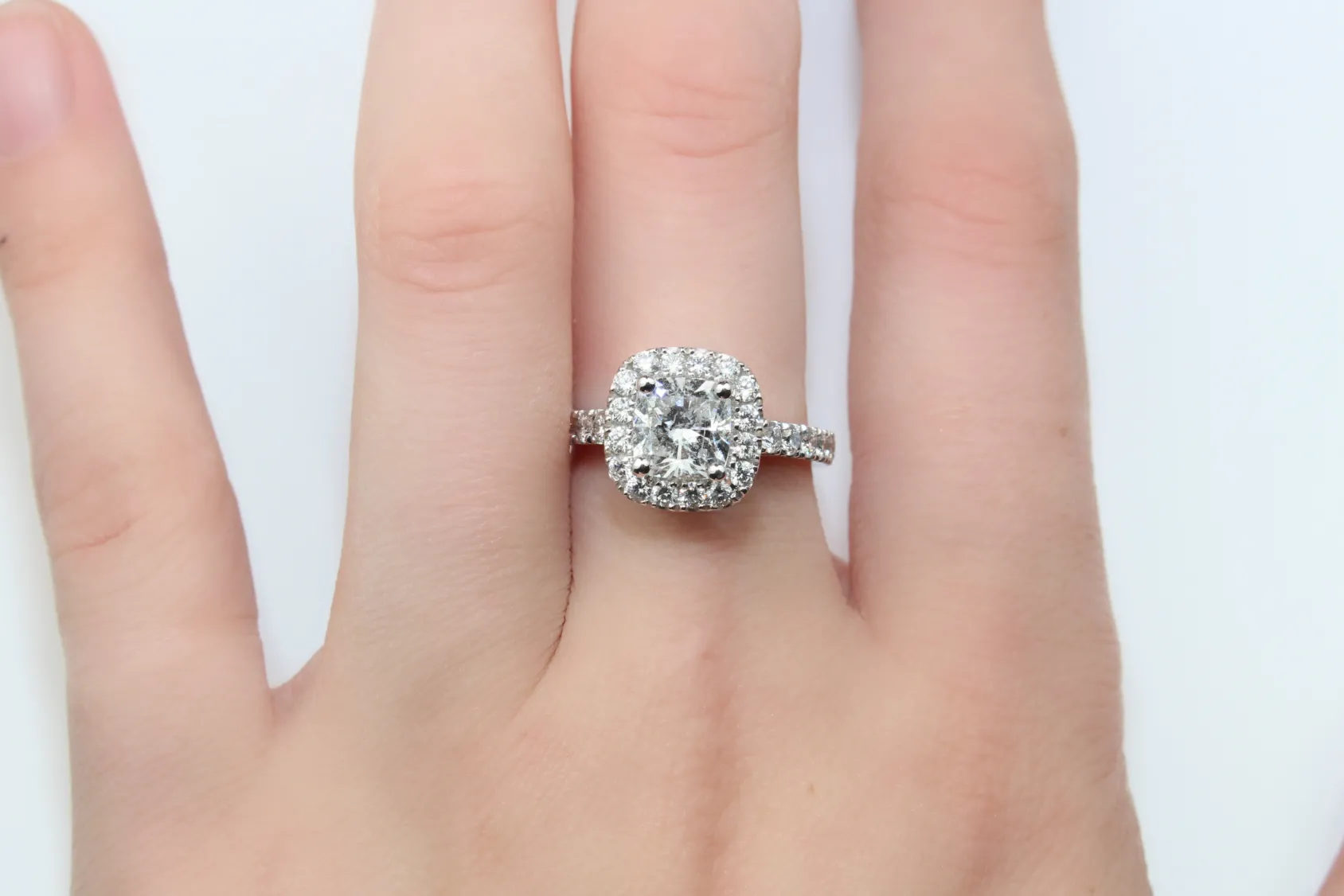 18ct White Gold Cushion Diamond Halo Ring