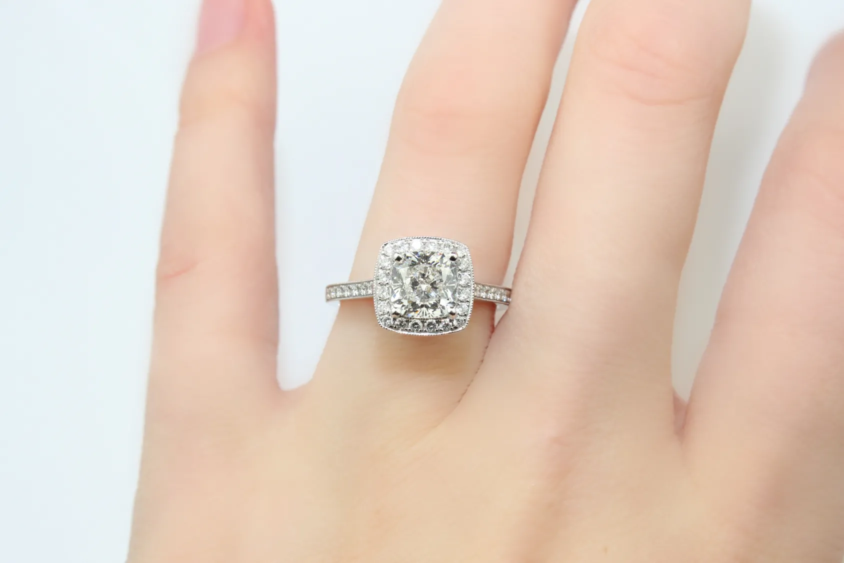 18ct White Gold Cushion Halo Diamond Ring