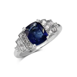 18ct White Gold Cushion Sapphire and Art Deco Style Stepped Down Diamond Ring