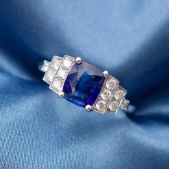 18ct White Gold Cushion Sapphire and Art Deco Style Stepped Down Diamond Ring