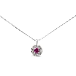 10ct White Gold Dainty Ruby and Diamond Halo Necklace