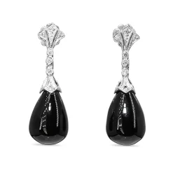 9ct White Gold Deco Style Onyx and Diamond Drop Earrings