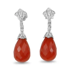 18ct White Gold Deco Style Carnelian and Diamond Drop Earrings
