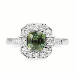 18ct White Gold Deco Style Green Sapphire and Diamond Ring