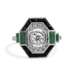 18ct White Gold Deco Style Emerald Onyx and Diamond Ring