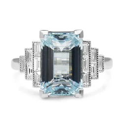 18ct White Gold Deco Style Aquamarine and Baguette Diamond Ring