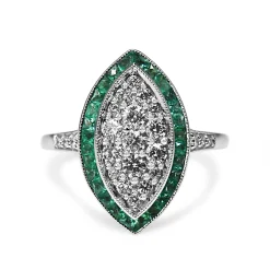 9ct White Gold Deco Style Emerald and Diamond Cluster Marquise Ring