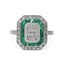 9ct White Gold Deco Style Emerald and Diamond Cluster Ring