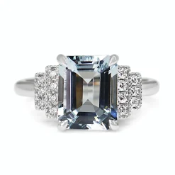 9ct White Gold Deco Style Aquamarine and Diamond Stepped Down Ring