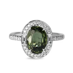 18ct White Gold Deco Style Green Sapphire And Diamond Halo Ring
