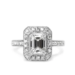 18ct White Gold Deco Style Emerald Cut Diamond Halo Ring