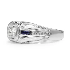 14ct White Gold Deco Style Old Cut Diamond and Sapphire Ring