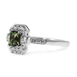 18ct White Gold Deco Style Green Sapphire and Diamond Ring