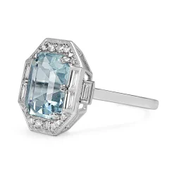 18ct White Gold Deco Style Aquamarine and Diamond Halo Ring