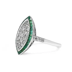 9ct White Gold Deco Style Emerald and Diamond Cluster Marquise Ring