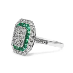 9ct White Gold Deco Style Emerald and Diamond Cluster Ring