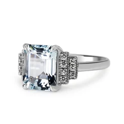9ct White Gold Deco Style Aquamarine and Diamond Stepped Down Ring