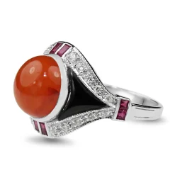 9ct White Gold Deco Style Carnelian, Ruby, Diamond and Onyx Ring