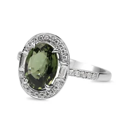18ct White Gold Deco Style Green Sapphire And Diamond Halo Ring