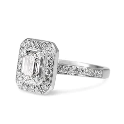 18ct White Gold Deco Style Emerald Cut Diamond Halo Ring