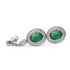 18ct White Gold Deco Style Emerald and DIamond Drop Earrings