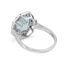 18ct White Gold Deco Style Aquamarine and Diamond Halo Ring