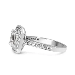 18ct White Gold Deco Style Emerald Cut Diamond Halo Ring