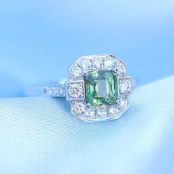 18ct White Gold Deco Style Green Sapphire and Diamond Ring
