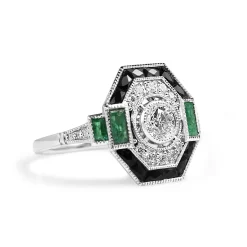 18ct White Gold Deco Style Emerald Onyx and Diamond Ring