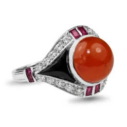 9ct White Gold Deco Style Carnelian, Ruby, Diamond and Onyx Ring