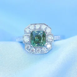 18ct White Gold Deco Style Green Sapphire and Diamond Ring